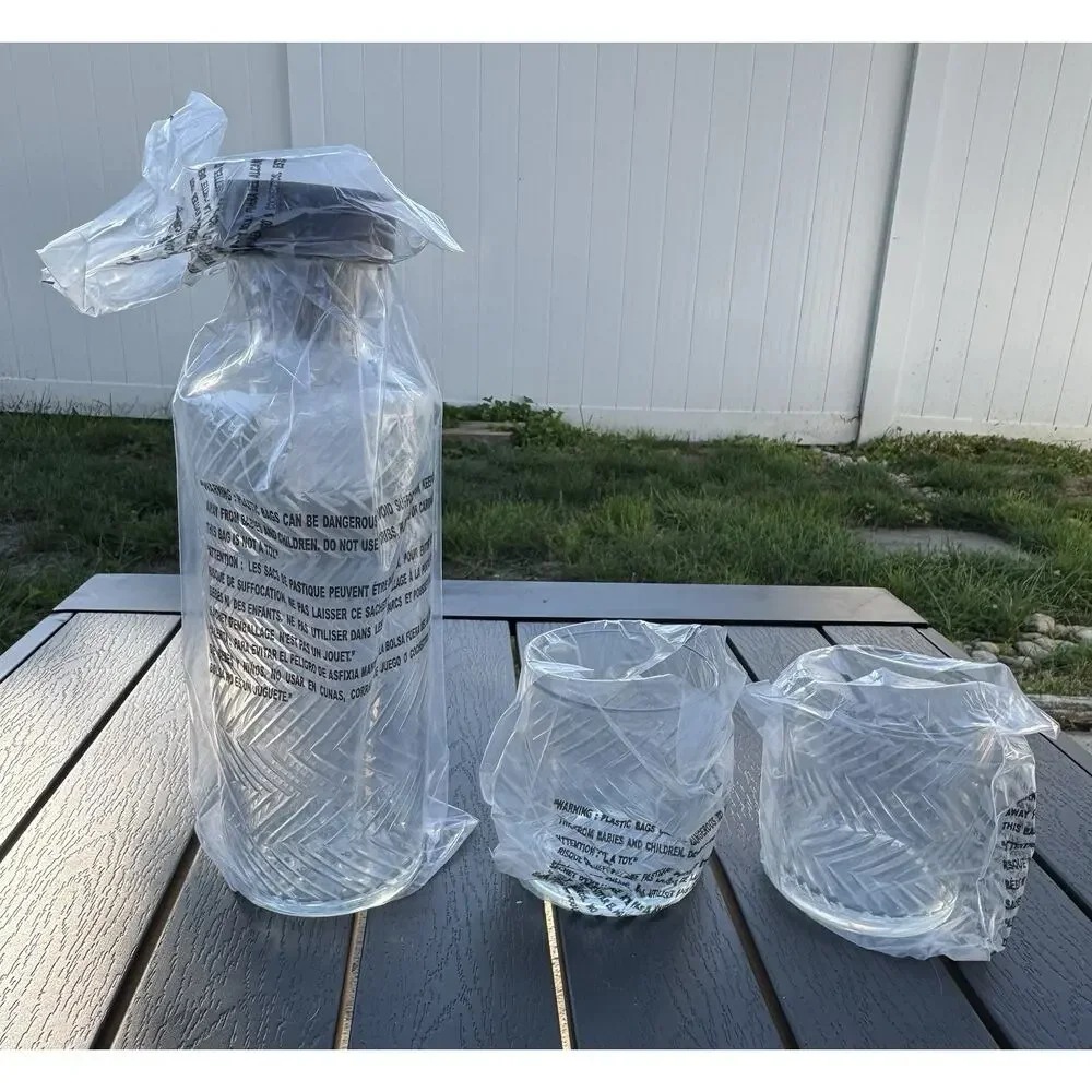 New In Box Pottery Barn Sweet July Herringbone Decanter Gift Set
